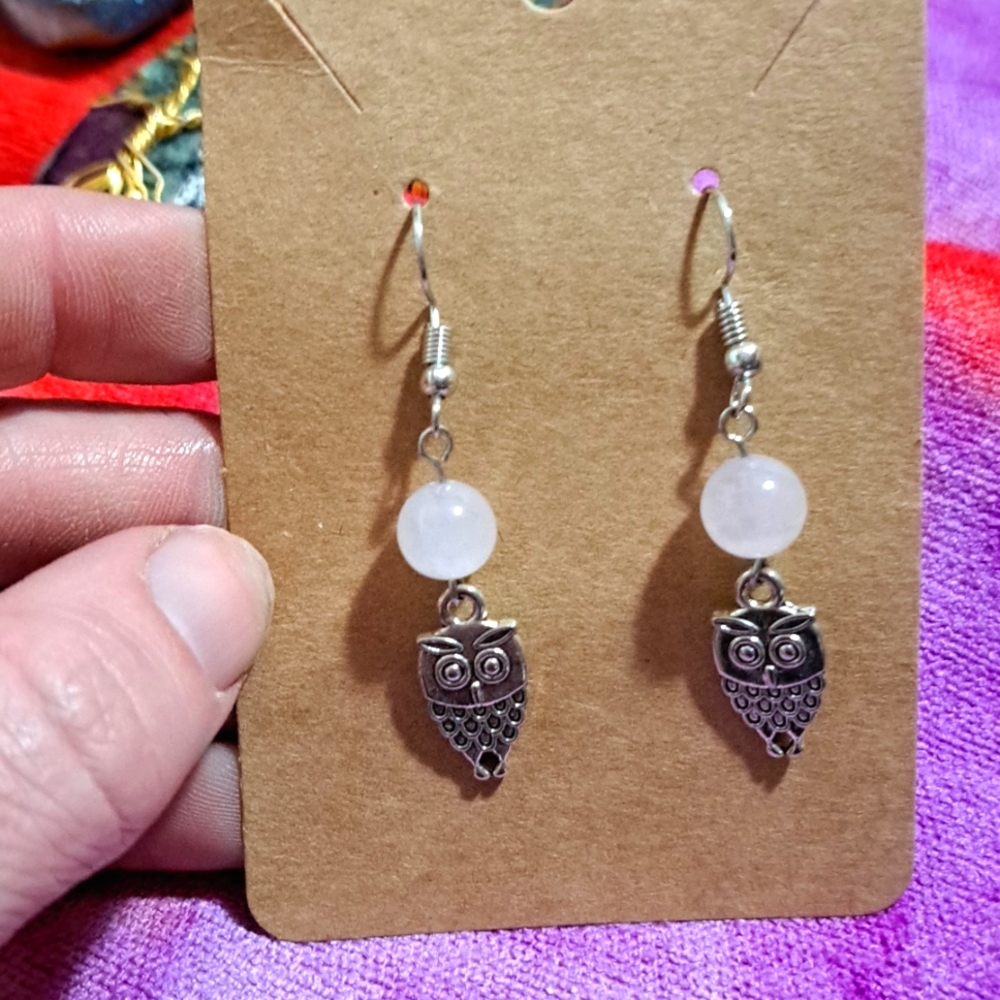 Sterling silver owl dangle earrings with rose quartz beads